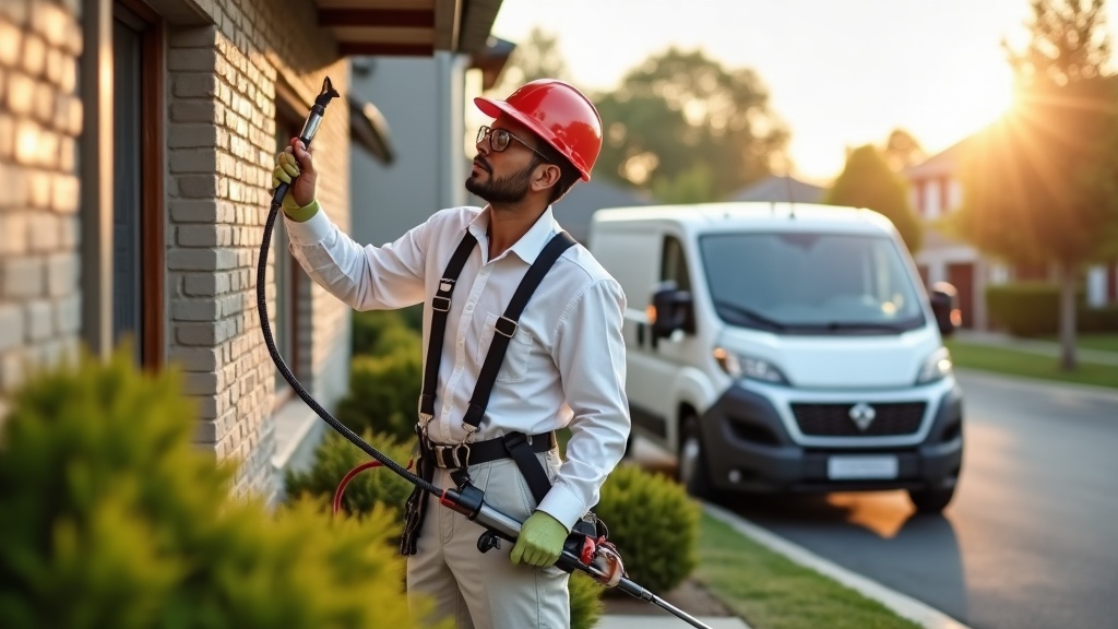 Professional pest control technician treating a home exterior in Belleville, Illinois